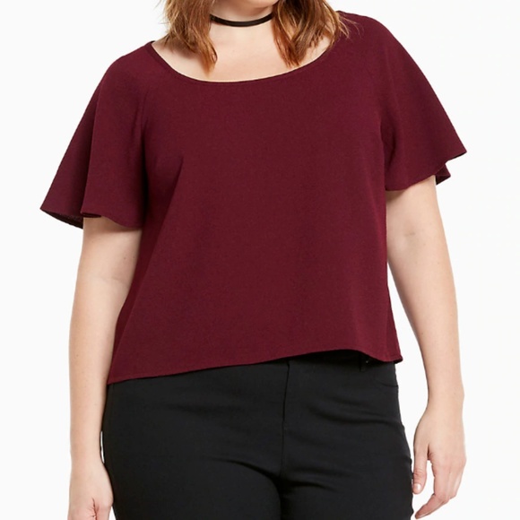 torrid Tops - Torrid Wine Maroon Crepe Flutter Sleeve Crop Top